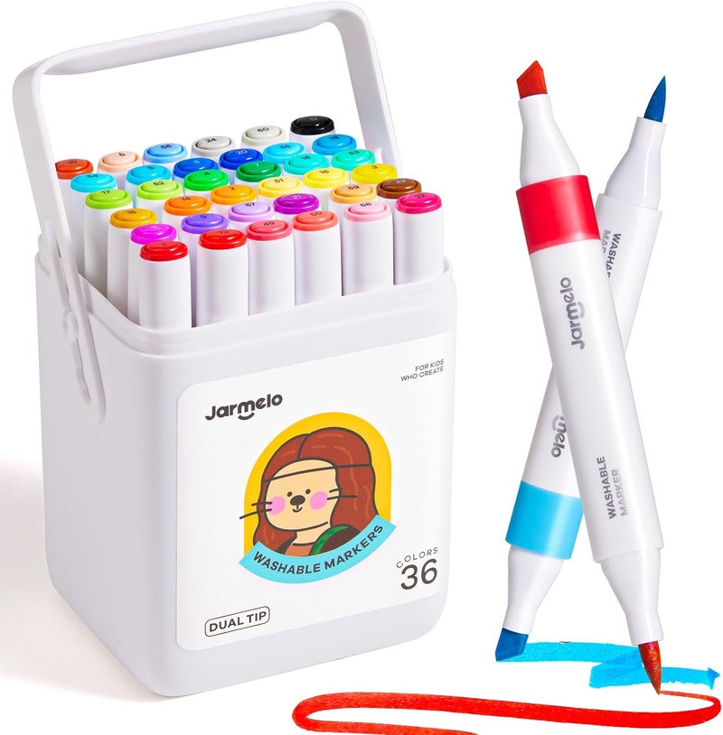 JARMELO Washable Dual Tip Markers for Kids Ages 8-12, Brush & Chisel Tip, Water-Based Coloring Markers, Double-Tipped 36 Colors Marker Set with Storage Case, School Art Supplies for Boys & Girls - Image 1